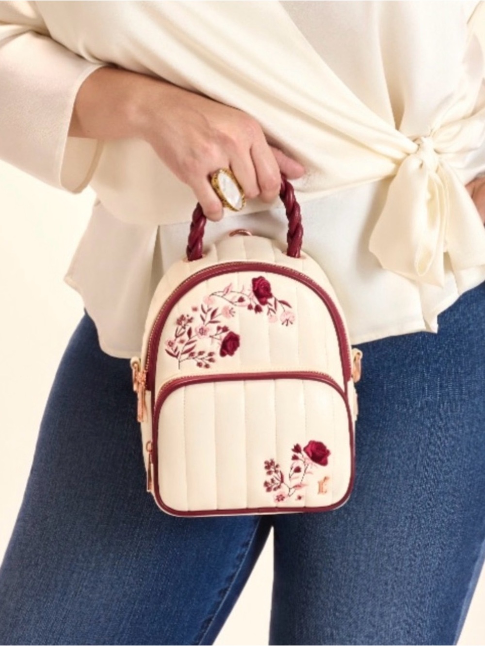Loungefly Cream & Red Floral Convertible Mini Backpack & Crossbody Bag NEW - Picture 3 of 5